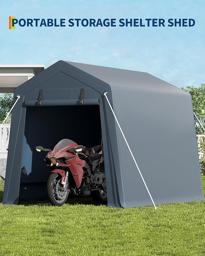 GarveeLife 6x6 ft Portable Outdoor Storage Shed with Roll-Up Zipper Door & Vent, 240G Heavy-Duty Shelter Waterproof PE Tarp, UV-Resistant Carport for Motorcycle, Firewood, Tools -Gray