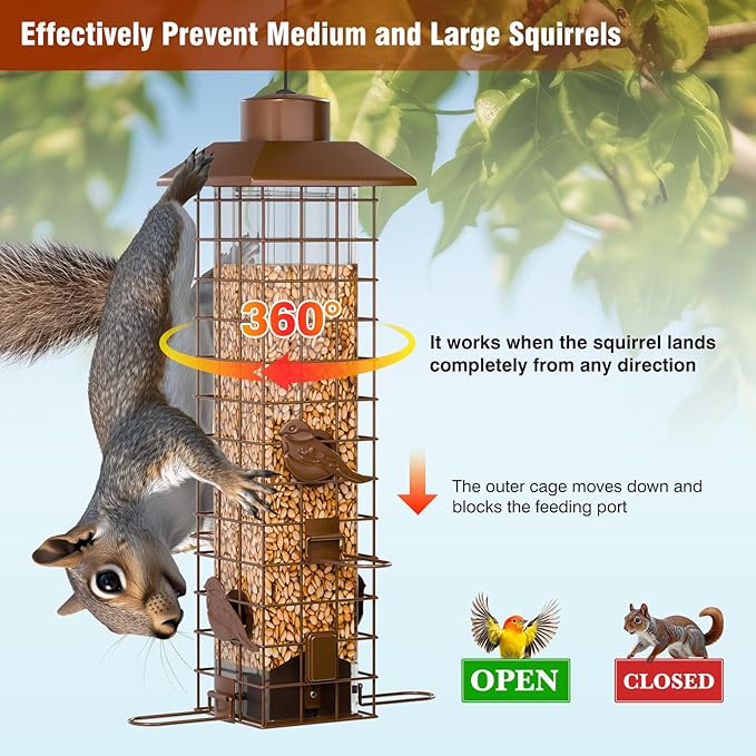 Squirrel-Proof Metal Bird Feeder with Removable Base, Weight-Activated Cage, Easy to Clean, Sturdy & Rust-Resistant, 3 lb Capacity, Outdoor Hanging Tube Bird Feeder for Cardinals & Finches