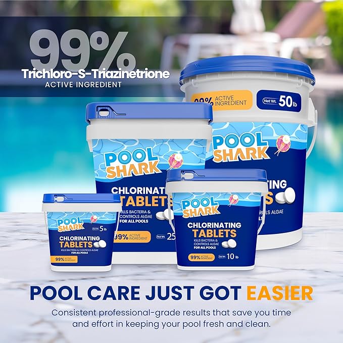 Pool Shark Swimming Pool Chlorine Tablets | 3-Inch Chlorine Tablets | 50 lbs| Slow-Dissolving 90% Active Chlorine Tabs | Pool Chemicals for Inground Pools, Above Ground Pools, Saltwater, Spa, Hot Tub