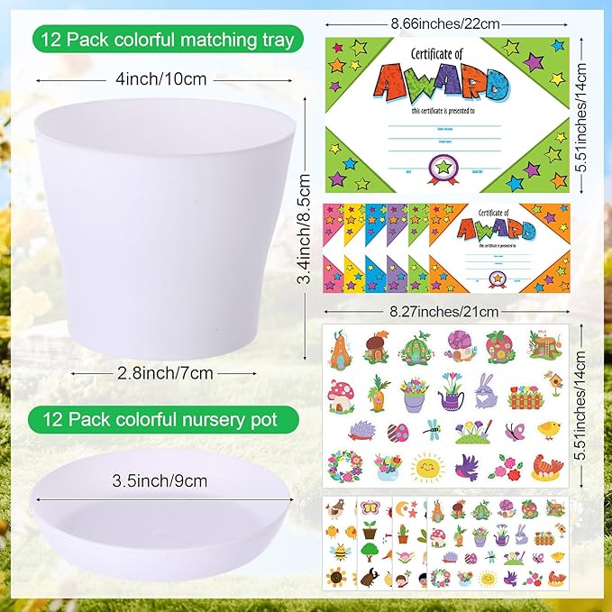 Domensi 12 Pack Garden Pot Craft Kit 4 Inch DIY Spring Crafts for Kids Bulk Plastic Flower Plant Pot Plastic Planter with Tray Drainage Holes with Tag, Certificate of Award, Sticker (White)