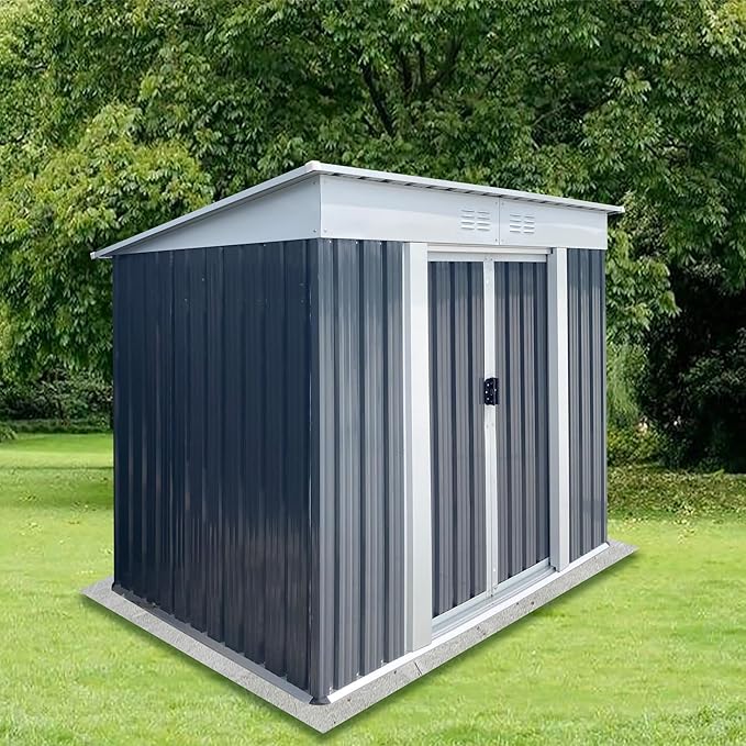 KEIKI 6x4 FT Outdoor Storage Shed with Pent Roof and Lockable Sliding Door, Small Waterproof Galvanized Steel Storage House with Aluminum Alloy Frame for Garden, Backyard, Patio, Lawn, Grey & White