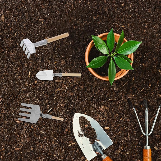 Complete Set of 5 Miniature Gardening Tools for Outdoor and Terrarium Plants – Mini Hand Shovels - Rake - Planting Shovel Iron Child Flowers – for Bonsai Tree Garden and