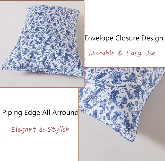 FADFAY Blue Toile Sheets Set King French Country Vintage Farmhouse Bedding Exotic Scenic Buttterfly Floral Bedding 100% Egyptian Cotton Soft Breathable Sheet Set with Deep Pocket Fitted Sheet 4Pcs