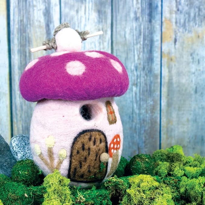 Global Crafts Birdhouse - Handmade Felt, Magic Mushroom Design - 10.5 x 7 x 4 in - Wool