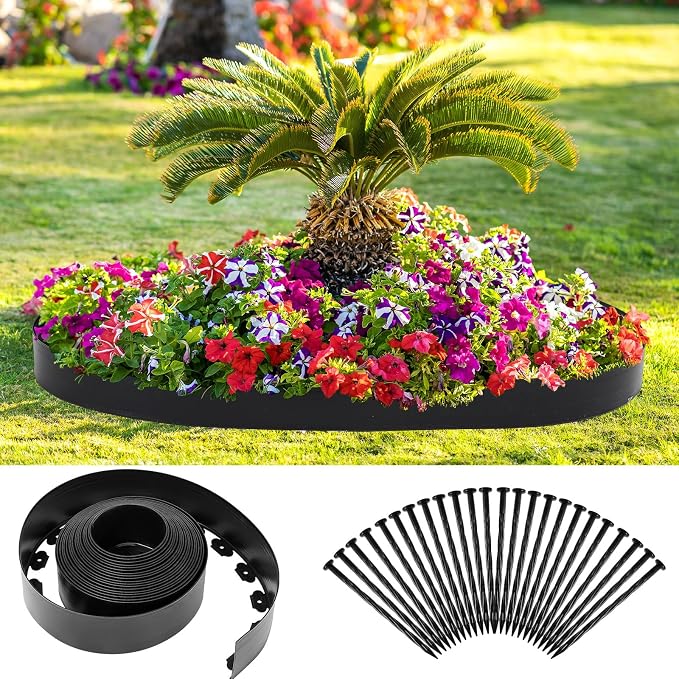 Sasylvia 5'' x 50' Landscape Edging Kit Plastic Garden Edging Border Include 45 Anchoring Spikes for Lawn Garden Grass Yard Home School, Black