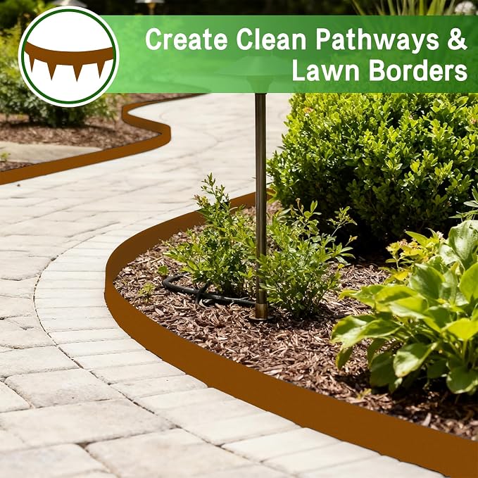 33ft Pre-Rusted Corten Steel Landscape Edging, No-Dig Metal Garden Border, 10 Pack Weathering Steel Interlocking Strips with Clips for Lawn, Path Flower Beds, 4 Inch High