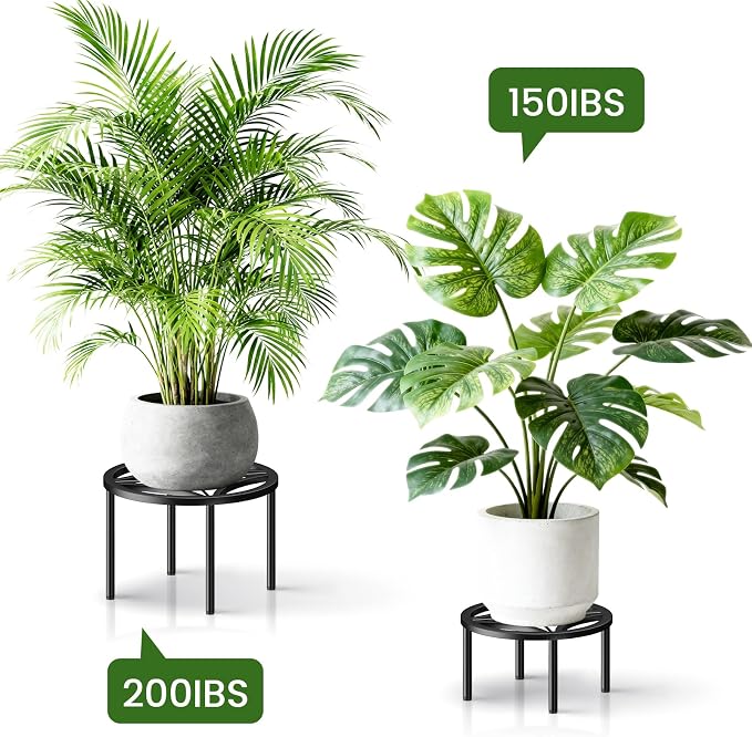TOSKING 3-Pack Fully Assembled Heavy Duty Low Metal Plant Stand for Indoor & Outdoor – Original Geometric Flower Pot Holder for Heavy Potted Plant, Rustproof Iron Riser with Adjustable Feet, 200 LBS & 150 LBS, No Installation, Black (10.24" & 8.66" Dia)
