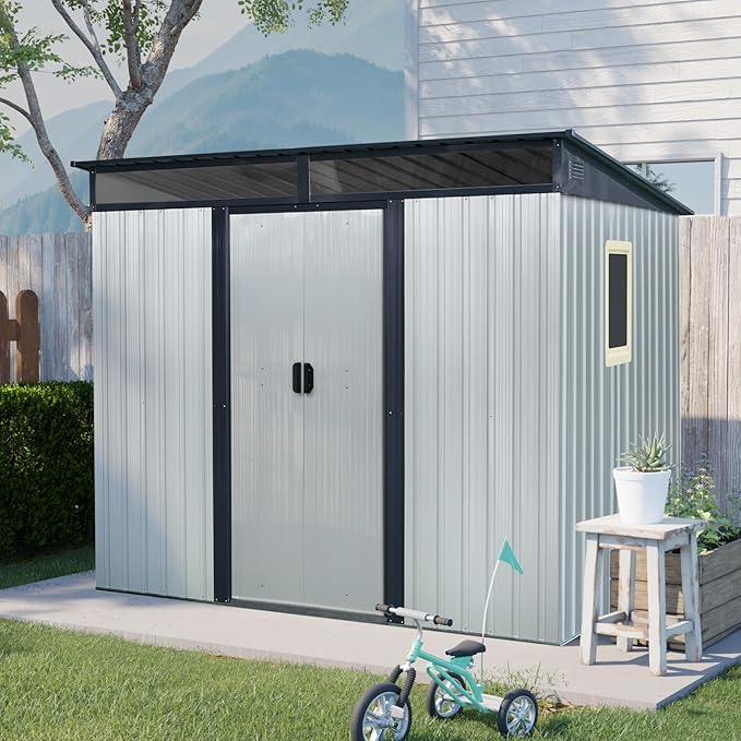 KEIKI 8x6 FT Outdoor Metal Storage Shed with Sloped Roof,Window,Transparent Plate and Lockable Sliding Door for Garden Yard Lawn
