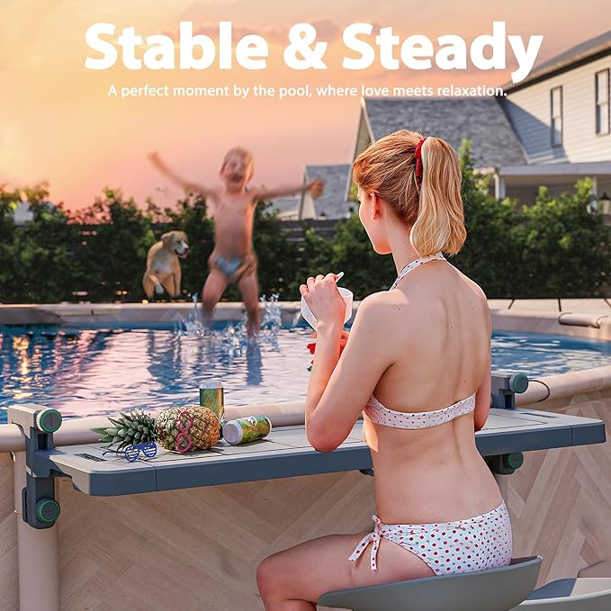 POOLHACKER Poolside Bar, [Original] Swim Up Bar Exclusively for Above-Ground Round Pools. Patio Poolside Table Smart Fold Easy Maintenance, Weather Resistant Stable Tabletop (Phantom Gray)