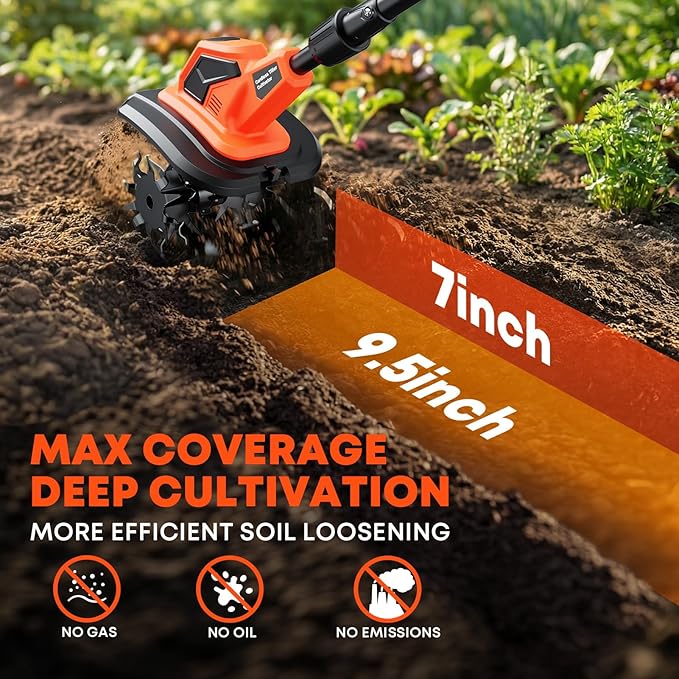 21V Cordless Tiller Cultivator, 6000mAh Battery Powered Tiller, 400RPM Electric Tiller for Gardening, 9.5" Width, 7" Depth for Soil Preparation, Lightweight Garden Rototiller for Lawn/Soil Cultivation