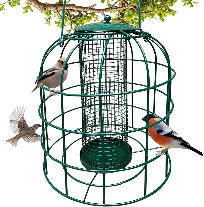 Garden Guru Squirrel Proof Bird Feeder – Outdoor Caged Mesh Seed Peanut Hanging Bird Feeder for Small Wild Birds – Premium Coated Steel & Metal Seed Guard - Chew Proof, Weather Resistant