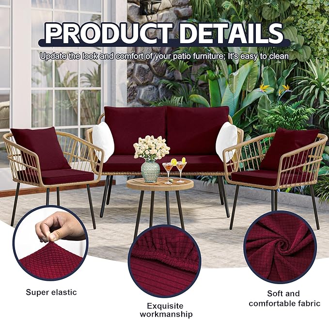 8Pcs Patio Cushion Covers,Outdoor Cushions Covers,Stretch Cushion Covers Replacement, Washable and Reusable Furniture Protectors(Wine Red)