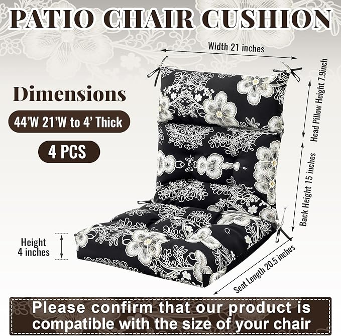 Sintuff 4 Pcs 44 x 21 x 4 Patio Chair Cushions Outdoor Chair Cushion Seat/Back Tufted Pillow with Ties Water Resistant Replacement Indoor Patio Furniture Outdoor Furniture (Flower,Black,White)