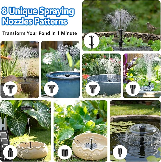 NFESOLAR 6.5W Solar Fountain Pump with 3600mAh Battery, Solar Water Fountain & Pond Filter Box kit, 3.94FT Tubing, 8 Nozzles, Dry-Run Protection Water Pump for Small Ponds, Bird Baths & Garden