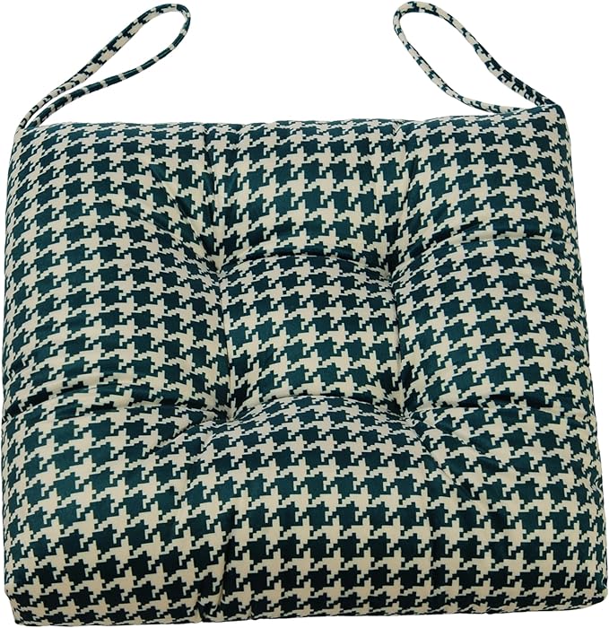 2-Pack Outdoor/Indoor Wicker Patio Seat Cushion Pad with Ties - Dining Chair Cushion, 17" x 17" (Green Houndstooth)