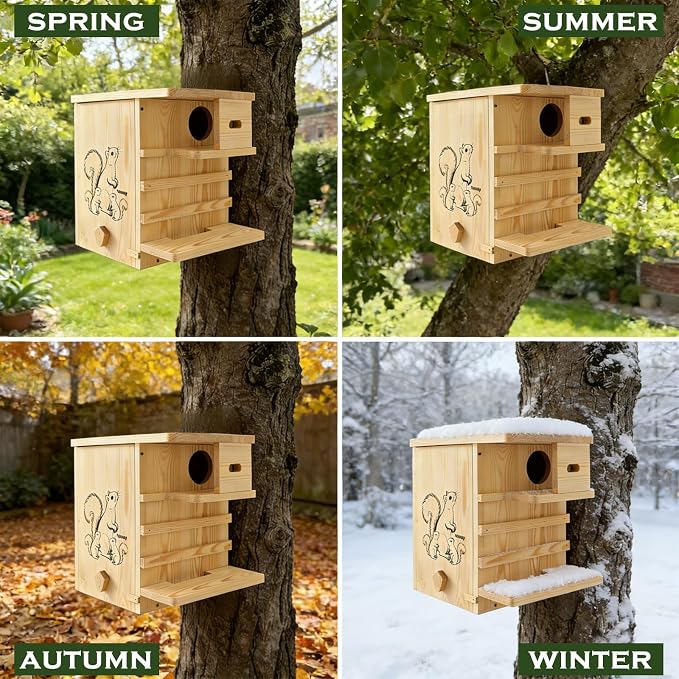 Extra Large Outdoor Squirrel House, Wooden Nesting Box | 0.7-inch pine with weather-resistant finish, external platform, front porch, ventilation and easy tree or fence mounting