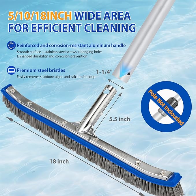 18" Wide Pool Brush Head - Combo Nylon & Stainless Steel Wire Bristles, Heavy Duty Metal Pool Brush for Extra Scrubbing Power, Curved Edge for Cleaning Inground Pool Tiles, Concrete, Walls, Corners