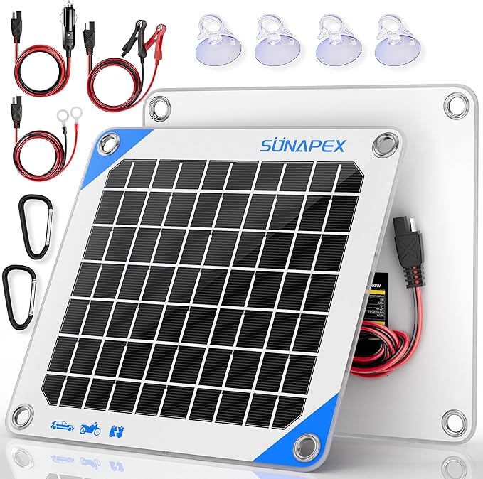 SUNAPEX 12V 5 Watt Solar Trickle Charger Maintainer - Waterproof Solar Powered Battery Charger - Solar Panel Kit Built-in Smart Charge Controller for Car Rv Trailer Truck Boat Automotive Marine
