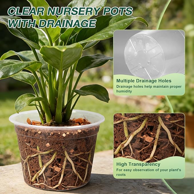 12 Inch Clear Nursery Pots with Drainage Holes, 4 Pack Flexible Large Plant Pots for Plants, Plastic Clear Nursery Pots for Seedling, Shrubs, Herbs, Flowers, Vegetables