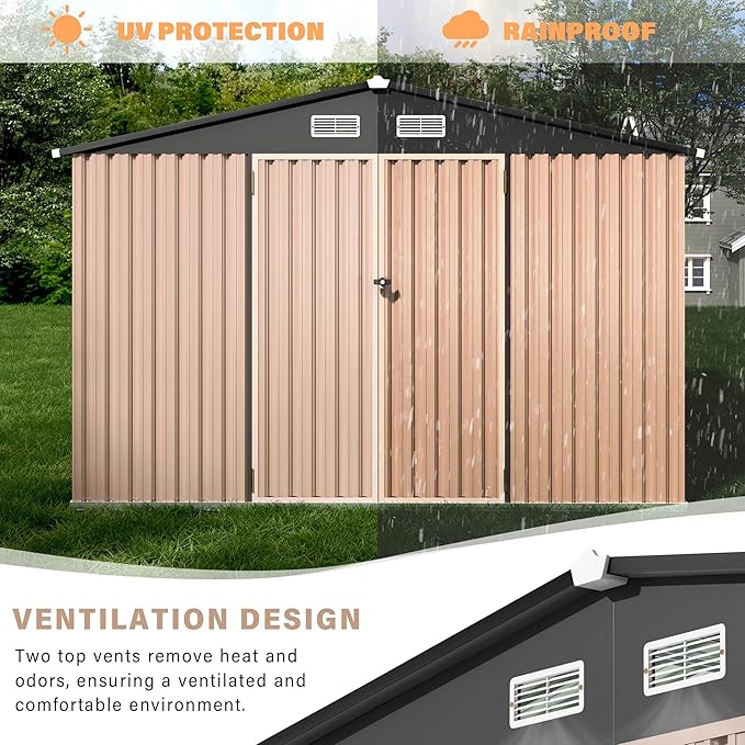 6x8 ft Outdoor Storage Sheds,Multi-Functional Metal Shed with Lockable Doors and Air Vents for Backyard Garden Patio Lawn,Brown