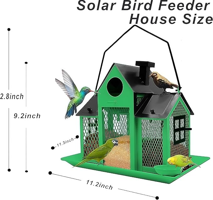 Solar Bird Feeders House for Outside Hanging, Metal Wild Bird Feeder for Outdoors Large Capacity Cardinal Birdfeeder Birdhouses Metal Bird Feeding Station Green