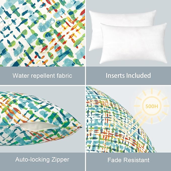 LVTXIII Outdoor/Indoor Lumbar Pillows, Decorative Patio Lumbar Cushions, Fluffy Water Repellent Garden Cushions for Home Patio Coach Sofa Use, 12×20 Inch, Pack of 2, Acapa Opal Geometric
