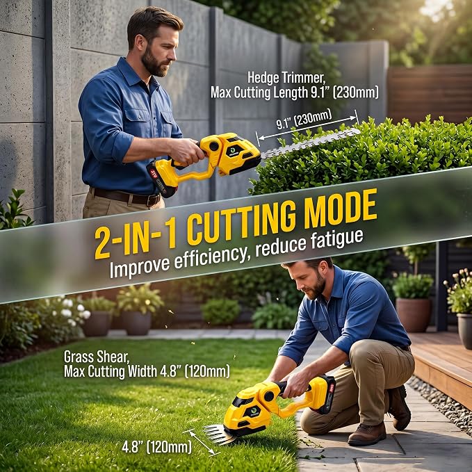 Cordless Hedge Trimmer, 2-in-1 Cordless Grass Shear & Hedge Shear/Shrub Trimmer with 8.9” Hedge Blade & 5.1”Grass Trimmer, Hedge Shear with 2 Rechargeable Batteries and Charger for Yard, Lawn