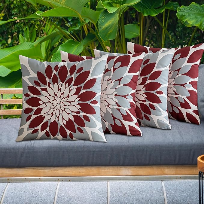 Qahing Pack of 4 Outdoor Waterproof Pillow Covers 24x24 Decorative Outdoor Throw Pillows Garden Square Cushion Cases for Patio Furniture, Couch, Tent Sunbrella, Bench, Burgundy Red Grey