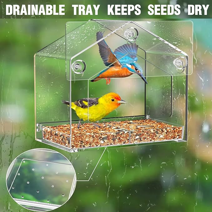 Window Bird Feeder, Suction Cup Window Birdfeeder for 6.8" Larger Viewing, Squirrel-Proof Strong Suction Cup Bird Feeder w/Self-Adhesive for Cats Outdoors