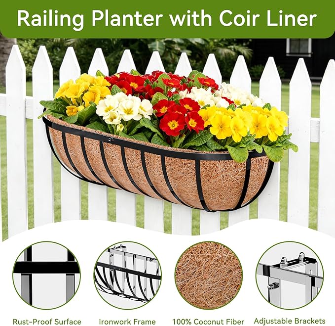 Halatool 24 Inch Heavy-Duty Metal Deck Railing Planter Box, 2 Pack Rust-Resistant Window Boxes Planters with Coco Liner & Adjustable Brackets, Grow More On Your Balcony, Patio & Fence