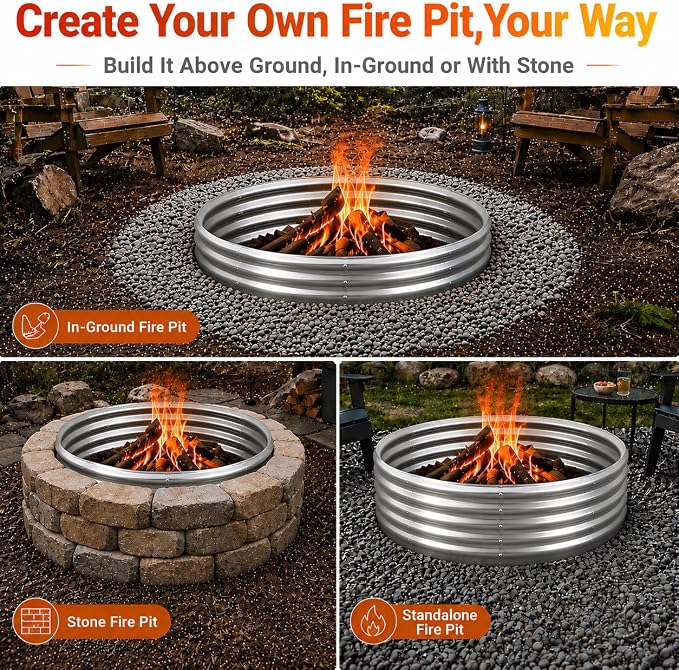36 Inch Heavy Duty Fire Pit Ring for Outside, 12" Deep Wood Burning Fire Pit Insert, High Heat Resistant Galvanized Steel Firepit for Backyard, Patio, Camping & Outdoor Fireplace