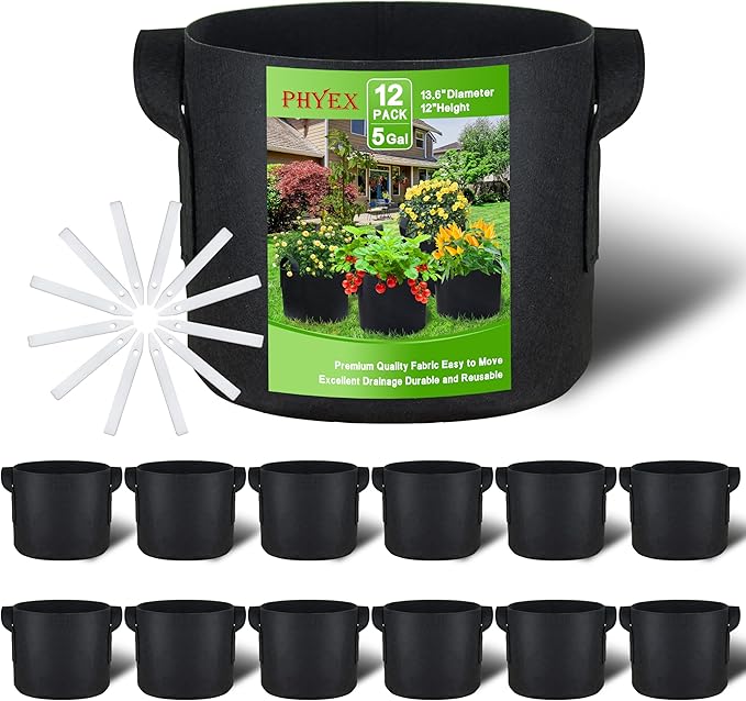 12-Pack 5 Gallon Grow Bags, Heavy Duty Fabric Pots with Handles, Reusable Plant Bags for Vegetable, Herbs & Flowers, BPA-Free, Breathable, Durable
