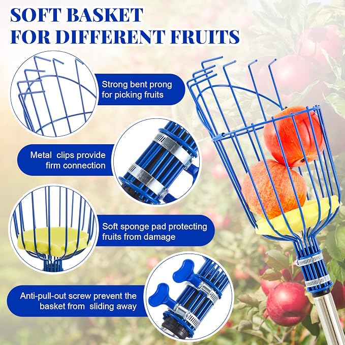 Colingmill 22.5ft Fruit Picker Pole with Basket, Telescoping Fruit Picking Tool with Soft Cushion, Extendable Harvester for High Trees, No Ladder Needed for Apple, Cherry, Orange, Citrus, Peach