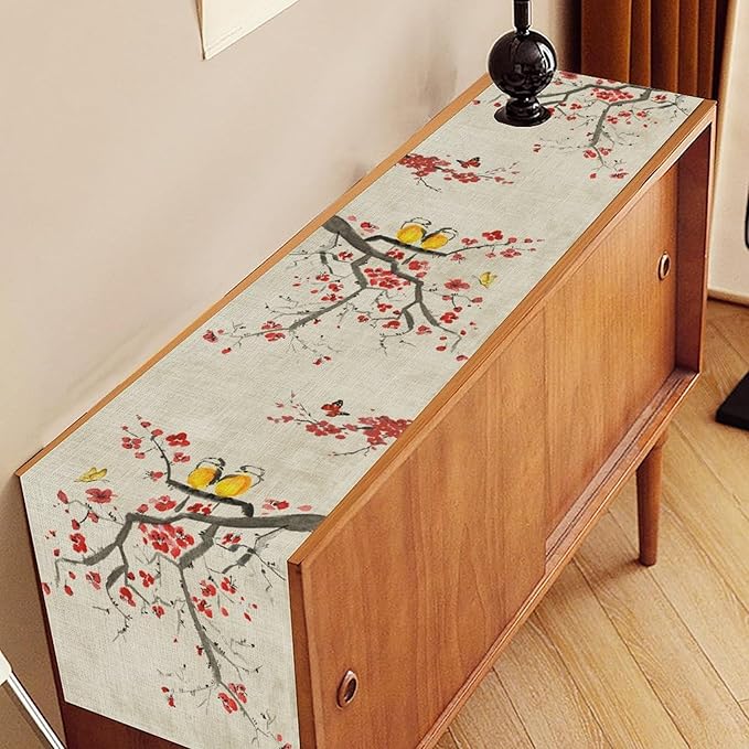 Chinese Birds Table Runner, Rustic Plum Blossom Floral Butterfly Japanese Red Flower Coffee Table Center Decor for Family Kitchen and Dining Living Room Farmhouse Party Table Decorations, 13"x90"