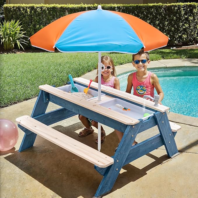 Kids 3-in-1 Sand & Water Table, Wood Outdoor Convertible Picnic Table w/Umbrella, 2 Trays, Removable Top with Faucet, Picnic Table for Outdoor Playset (Blue/Orange)