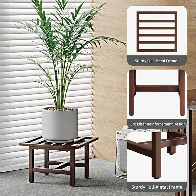 Heavy Duty Metal Plant Stand Outdoor, 330 lbs Wrought Iron Square Plant Stand Indoor, Rustproof Low Pedestal for Large Flower Pots, Patio, Balcony, Garden Decor 2 Pack Coffee