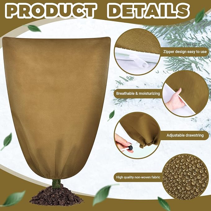 6 Pcs Winter Plant Covers Freeze Protection 48" x 72" 2.2oz Large Tree Wrap for Winter with Drawstring and Zipper Frost Blankets for Plants Frost Cloth Outdoor Cold (Brown)