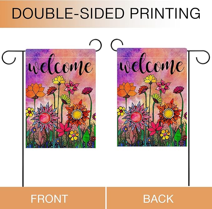Hzppyz Welcome Spring Summer Watercolor Garden Flag Double Sided, Flowers Decorative House Yard Lawn Outdoor Small Burlap Flag Vintage Sunflower Decor Farmhouse Seasonal Outside Decorations 12 x 18
