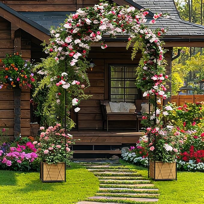 Heavy Duty Garden Arch Trellis for Climbing Plants Outdoor, Metal Garden Arbors Archway Arched Trellis with Planter Boxes, Wedding Arches for Ceremony Arch Backdrop Stands for Party Decorations, Black