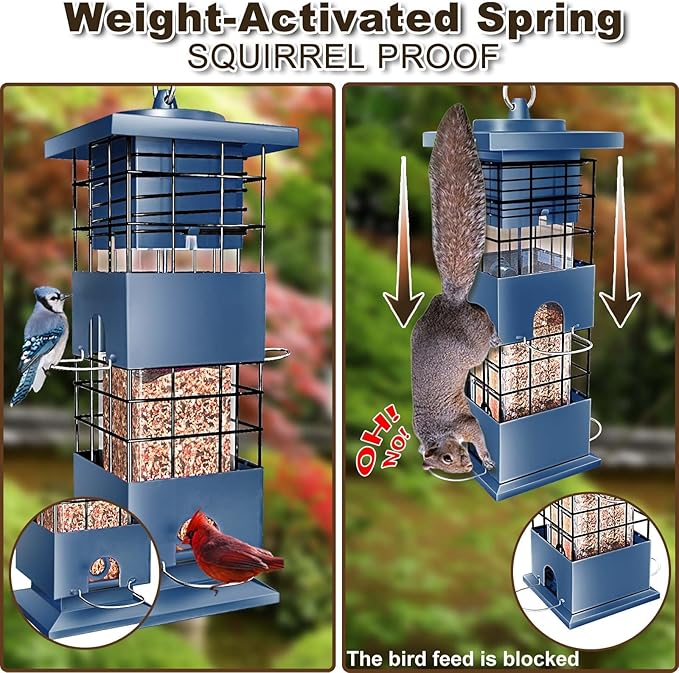 Squirrel Proof Bird Feeder, 3LBS Anti-Squirrel Bird Feeders for Outdoors Hanging,Weight-Activated Perches Metal Wild Birdseed Feeders for Cardinal Blue Jay Outside (Blue)