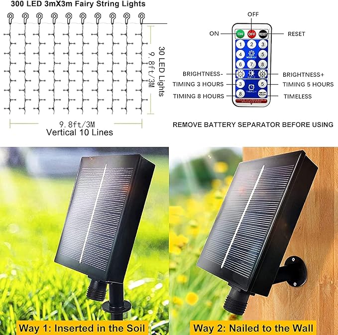 Solar Curtain Lights Outdoor Garden 300 LED Fairy String Lights 8 Modes Remote Control Waterproof Waterfall Lights for Gazebo Patio Home Festival Wedding Wall Christmas Decorations(White)