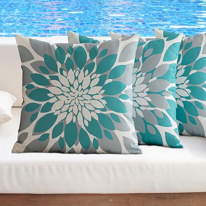 Qahing Pack of 4 Outdoor Waterproof Pillow Covers 20x20 Decorative Outdoor Throw Pillows Garden Square Cushion Cases for Patio Furniture, Couch, Tent Sunbrella, Bench, Teal Turquoise Grey