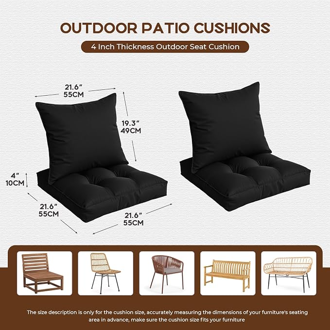22x22 Waterproof Outdoor Chair Cushions Set of 2, Patio Cushions for Outdoor Furniture Water-Resistant & Fade-Resistant, Deep Seat & Back Cushion for Wicker Sofa (Black)