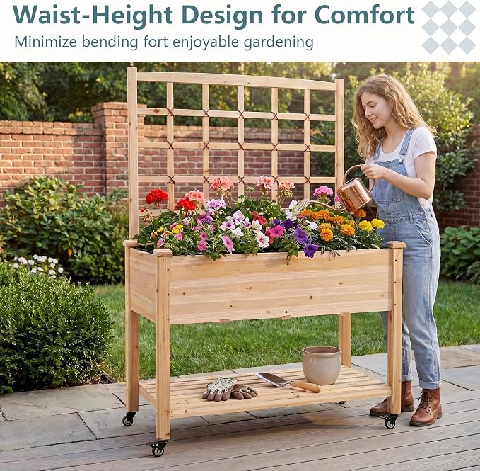 HAPPYGRILL Wooden Raised Garden Bed with Trellis, 65'' Elevated Planter Box w/Legs on Wheels, Liner & Drainage Holes for Climbing Plant Vegetable Flower, Outdoor Garden Box for Backyard Balcony (2)