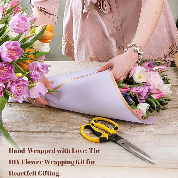 Ecoofor Flower Wrapping Paper Set, 80 Sheets Waterproof Translucent Gold Edge Floral Paper & Kraft Paper, 23 x 23 in & 23.6 x 23.6 in, with 3D Butterflies & 3 Colors Ribbons for Bouquets, Gifts & DIY Crafts