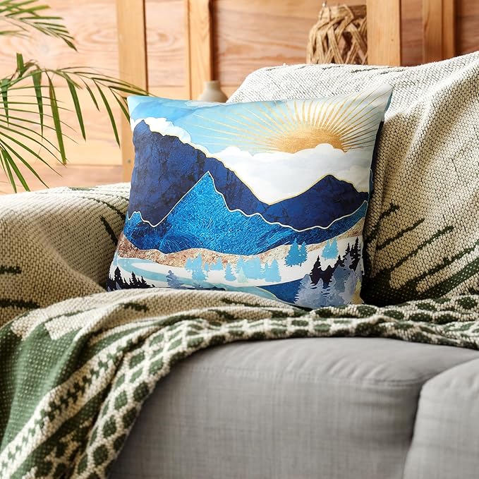 Premillow Outdoor Pillow Covers 18x18 Inch Set of 4, Sunset Blue Hill Decor Throw Pillow Covers Outside Waterproof Pillow for Patio Furniture Bench Chair Couch Sofa