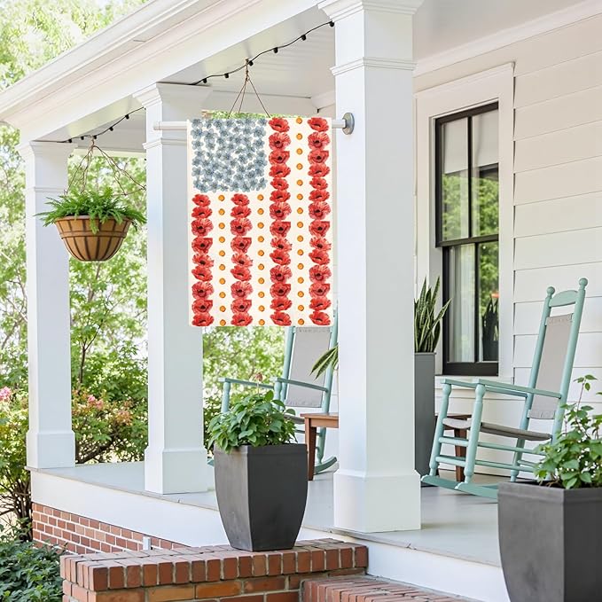 Large Patriotic Poppy House Flag American Flag Floral Gargen Flags Outdoor Double Sided Memorial Day Independence Day Fourth of July Oversized Yard Banner All Season Decor 28 x 40 Inch
