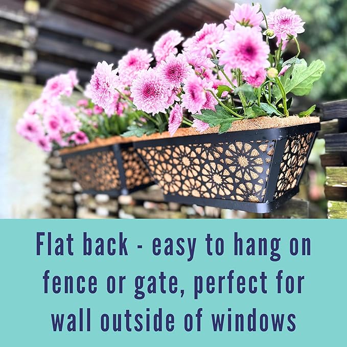 LaLaGreen Window Planter Boxes for Outdoor Plants (12 Inch, 2 Pack,) Small and Cute Black Metal Fence Hanging Planters Flower Basket Pot with Coco Liner Trendy Horse Troughs Balcony Patio Porch Rail