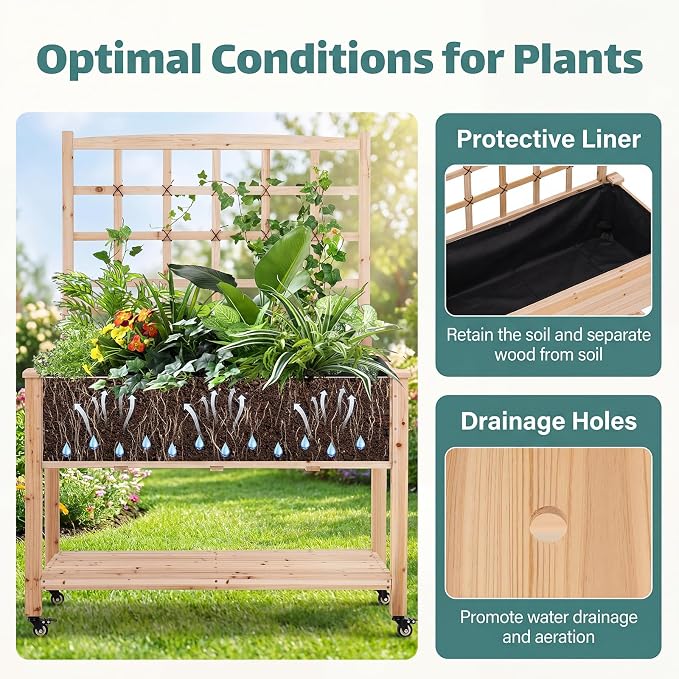 HAPPYGRILL Wooden Raised Garden Bed with Trellis, 65'' Elevated Planter Box w/Legs on Wheels, Liner & Drainage Holes for Climbing Plant Vegetable Flower, Outdoor Garden Box for Backyard Balcony (2)