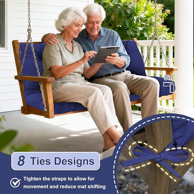 Porch Swing Cushions Outdoor 40 inch x 40 Waterproof Swing Cushions 3 Seater Replacement with Backrest & 8 Ties 5" Thick Bench Swing Cushions for Outdoor Furniture Patio(Navy Blue)